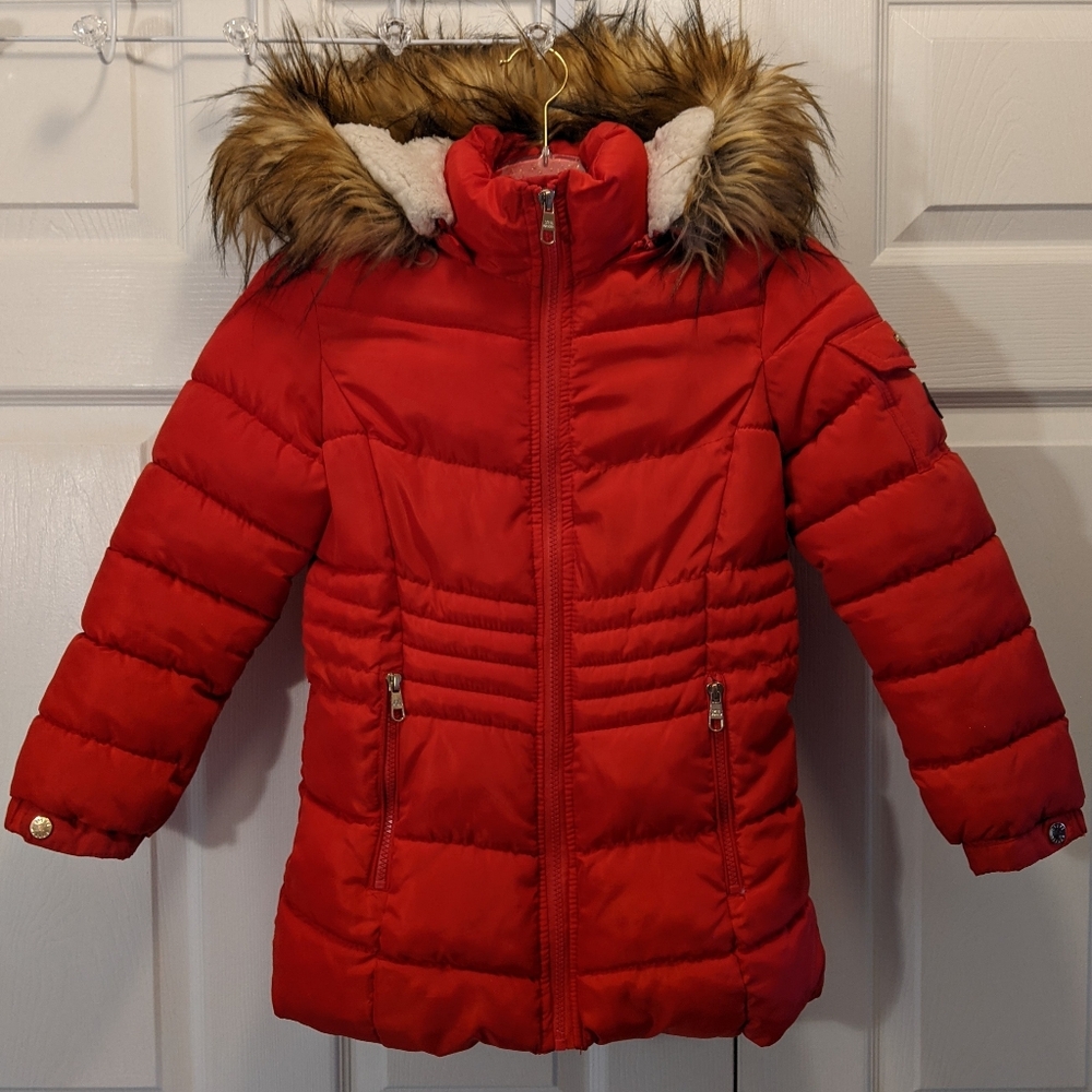 STEVE MADDEN Adorable Girls Size 7/8 Red Warm Winter Coat Faux Fur Hood EUC